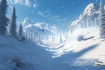 Obraz premium Snowy mountain valley, winter wonderland, serene.