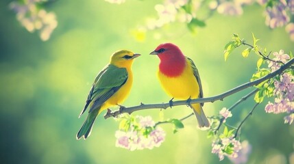 Obraz premium A dynamic photo of two colorful birds, yellow and red, perched on a branch, with a soft green background completing the serene setting.