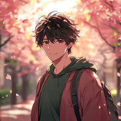 handsome cool Japanese anime guy, cherry blossom tree background, anime wallpaper