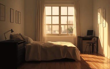 A serene 3D illustration of a modern bedroom with a black desk, beige bed with clean lines, wood flooring, and a small window allowing limited light exposure
