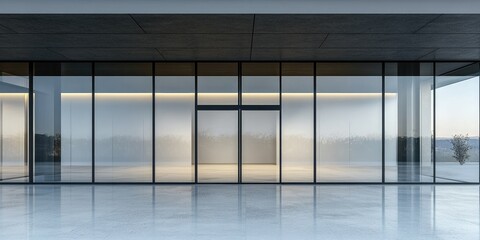 Modern architectural entrance with large glass facade and minimalist design featuring neutral tones and ample copy space.