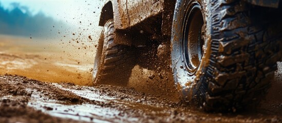 Off-road vehicle tire splashing mud on a dirt track with dynamic motion and Copy Space for text.