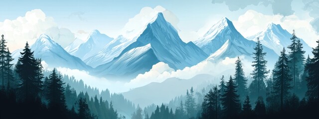 Mountain landscape with blue tones and evergreen trees, featuring distant peaks and clouds, includes Copy Space for text placement.
