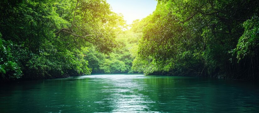 Serene river landscape surrounded by lush green trees with gentle sunlight creating reflections on the water Copy Space