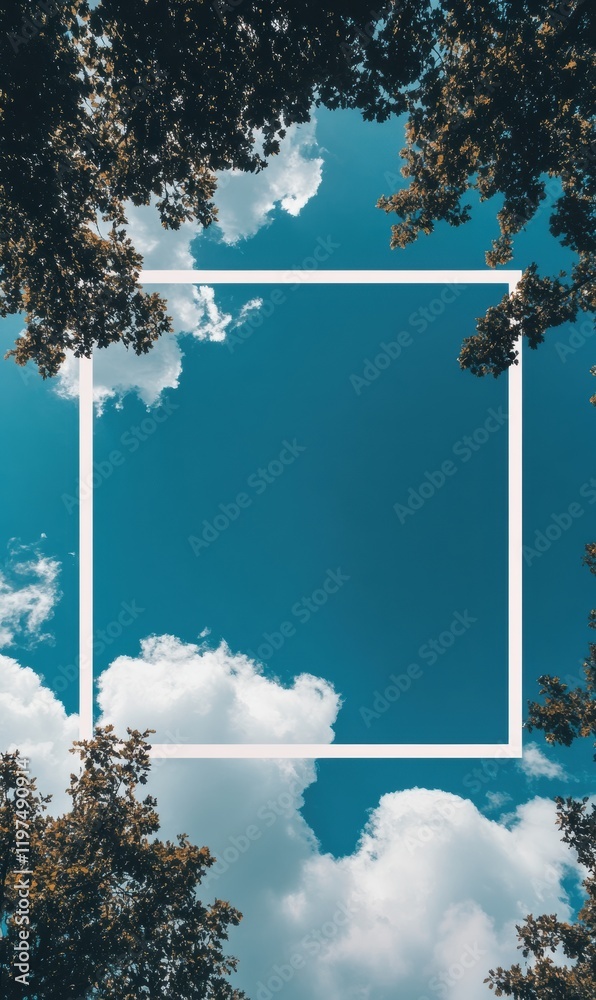 Poster Sky view framed by trees with copy space for text in a clear blue setting. Generative AI