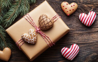 Fototapeta premium A beautifully wrapped gift in rustic brown paper adorned with a delightful heart-shaped cookie, perfect for expressing love this Valentine's Day.