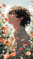 Beautiful anime in a floral dress with a spring bouquet, smiling with nature's love