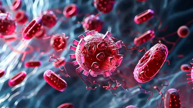Illustration of virus and red blood cells in dynamic motion.