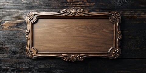 Ornate wooden plaque with decorative frame on dark wooden background and ample copy space for text insertion