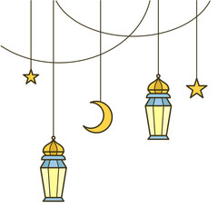 Hanging Lanterns and Crescent Moon
