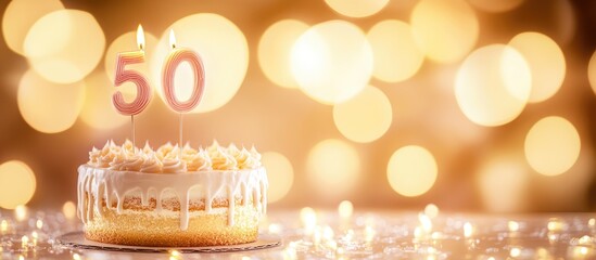 Celebratory 50th birthday cake with candles on a sparkling background featuring blurred golden lights and copy space for text