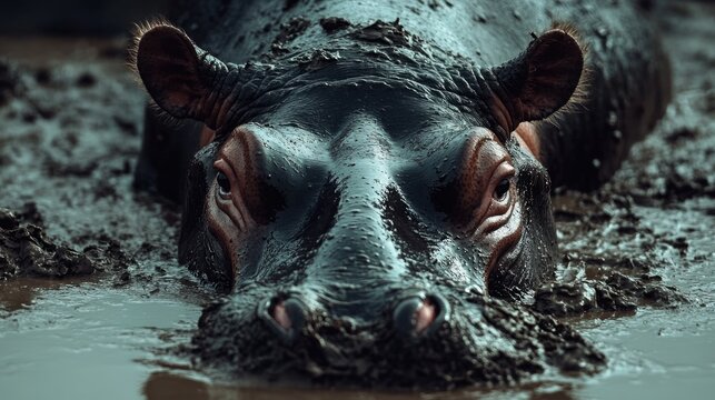 Close-up of a hippopotamus partially submerged in muddy water with Copy Space for text placement.