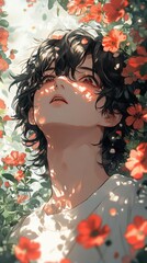 Beautiful anime in a floral dress with a spring bouquet, smiling with nature's love