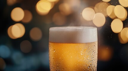 Close-up of cold beer in a glass with foam on top against a blurred background of bokeh lights ideal for beverage promotion Copy Space