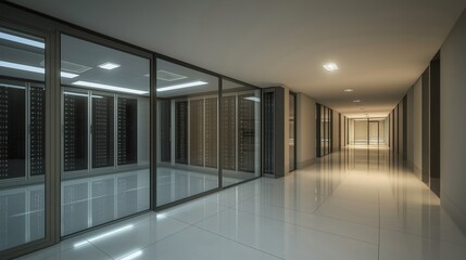 A modern server room with glossy tiles and illuminated racks in a data center.