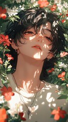 Beautiful anime in a floral dress with a spring bouquet, smiling with nature's love