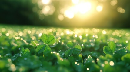 Obraz premium Vibrant green clover with dew drops bathed in golden sunlight, symbolizing luck and renewal in nature's embrace.