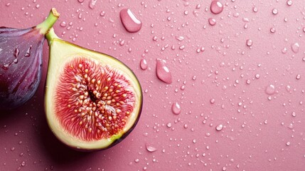 Freshly cut fig on a pink background with water droplets showcasing its detailed inner texture and vibrant color, ideal for food photography. Copy Space.