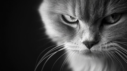 Gray cat with intense expression in monochrome setting featuring copy space for text placement