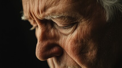 Obraz premium Elderly man in deep contemplation with visible wrinkles and textured skin against a dark background suitable for Copy Space.