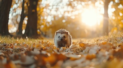Obraz premium Hedgehog walking through autumn leaves in a sunlit park with copy space for text or branding.
