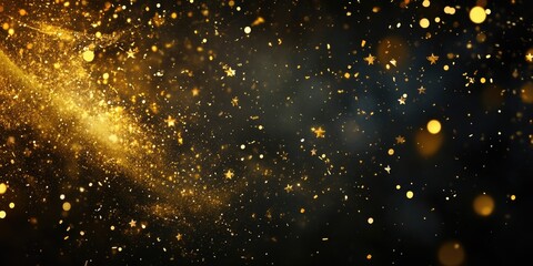 Golden glittering background with bokeh effect and starry elements on a dark backdrop featuring copy space for text
