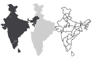 Map of India, multiple variations, grayscale, black and white, outline, geographical regions, state borders, minimalist design, cartography, vector graphics, political map, infographic style, monochro