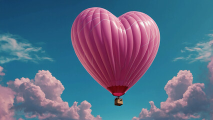 Obraz premium A pink balloon floating in the shape of a heart on a blue background. Very little concept.