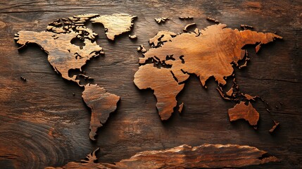 Wooden World Map Carved in Rich Brown Tones