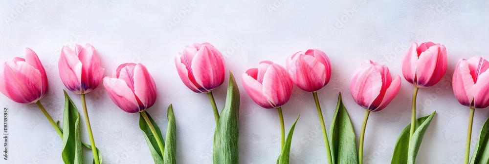 Leinwandbilder vibrant pink tulips arranged in a row with space for text across a light background. generative ai