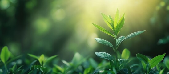 Close-up of fresh green leaves with soft sunlight filtering through, creating a natural and serene background with ample copy space.