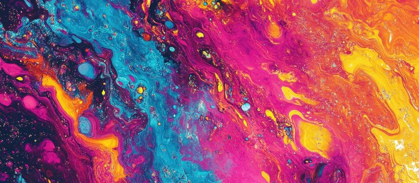 Abstract colorful fluid art with vibrant hues of pink, orange, blue, and purple creating a dynamic textured background with Copy Space.