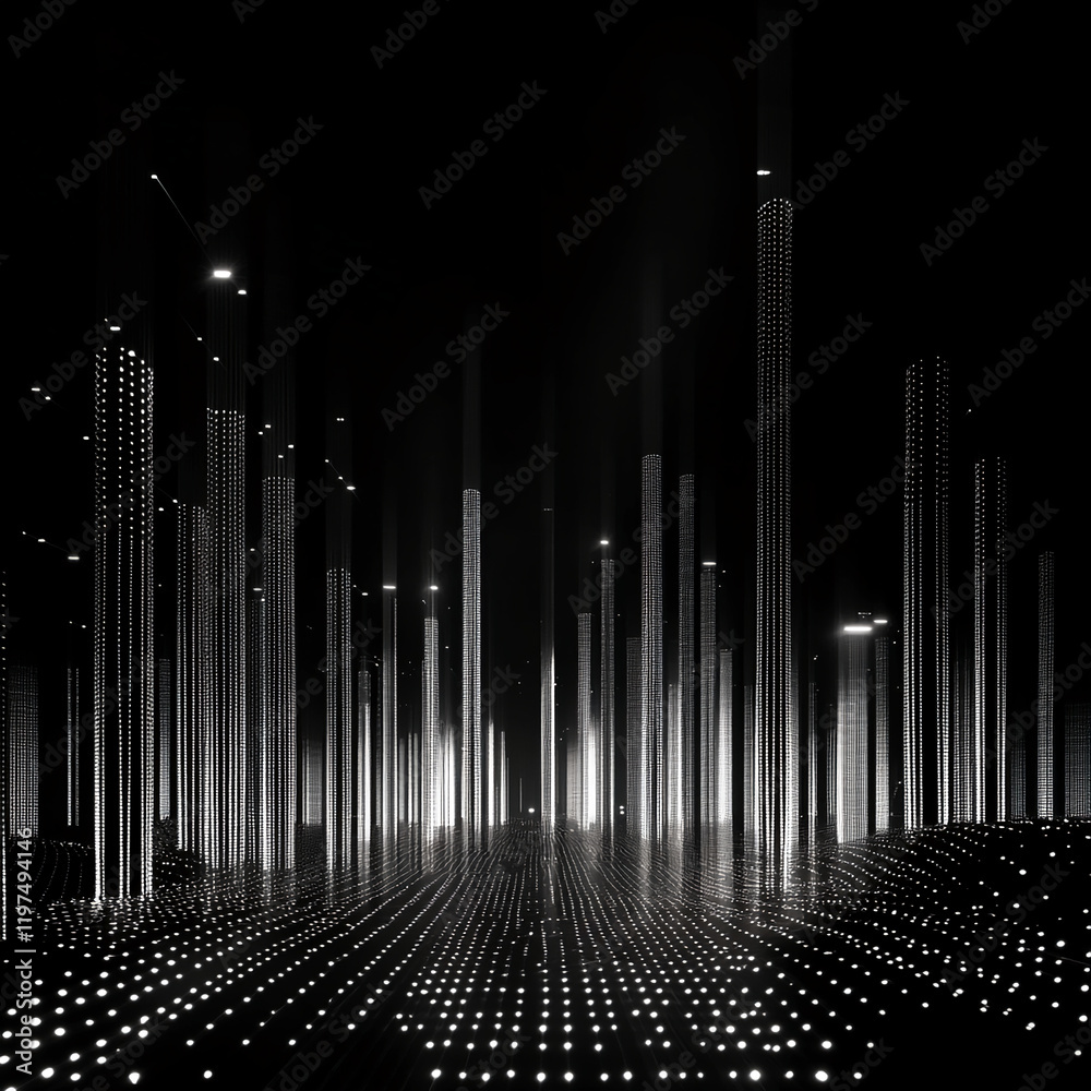 Poster futuristic cityscape of glowing vertical lines and dotted structures