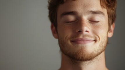 Fototapeta premium Smiling young man with closed eyes expressing tranquility and contentment with Copy Space for text placement