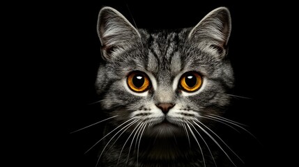 Close-up portrait of a gray tabby cat with striking orange eyes against a black background ideal for pet-related themes and marketing Copy Space