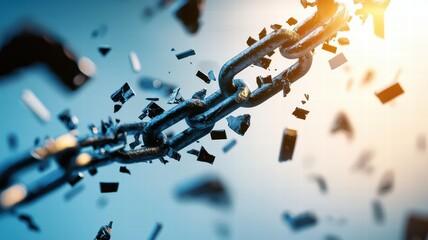 A broken chain with fragments flying apart, illuminated by a warm light, symbolizing strength, destruction, and transformation.