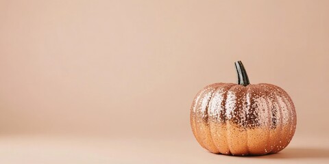 Glittering copper pumpkin on a soft beige background with ample copy space for text and design elements