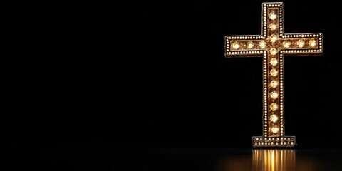 Illuminated vintage cross with light bulbs on a dark background featuring ample copy space for text placement