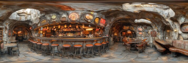 Cave-like bar interior with stone walls, wooden bar, and round stools.