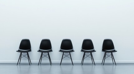 A minimalist conference room with white walls, a simple black table, and stylish chairs arranged in a neat row.