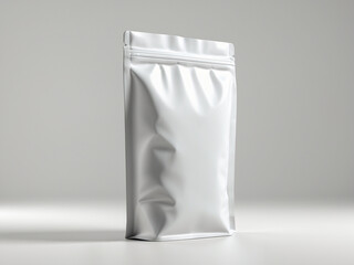 Glossy white quad-seal pouch packaging, standing upright against a neutral background, ideal for food or product branding.