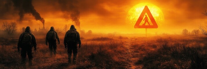 Post-apocalyptic survivors walk towards a warning sign under a fiery sunset.