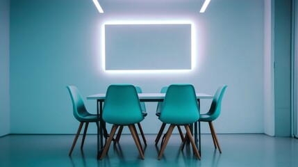 A minimalist meeting room with a clean, modern aesthetic, featuring a simple table, ergonomic chairs, and soft lighting.
