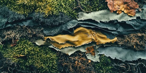 Forest elements layered with torn fabric pieces.
