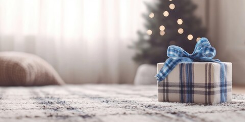 Christmas gift box with blue plaid ribbon on white rug in front of decorated tree and soft sunlight from window Copy Space