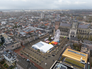 Aerial drone view of the Sint-Janskathedraal and the town square in Den Bosch, the Netherlands.