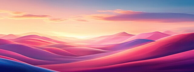 Colorful abstract landscape with rolling hills and a vibrant sunset sky Copy Space