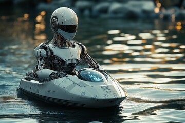 Humanoid robot operates a small autonomous boat in sunlit waters near the shore, showcasing advanced technology and innovation in robotics