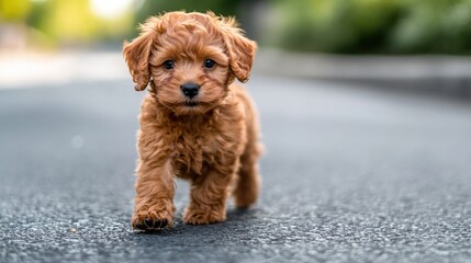 Adorable Fluffy Puppy Walking on Road Sweet Canine Friend