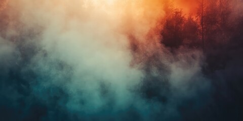 Colorful foggy landscape with trees in the background during sunrise or sunset Copy Space